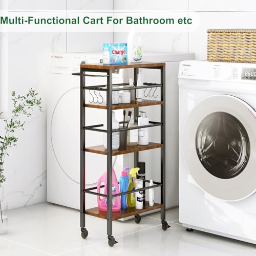 IBUYKE 7.8" Slim Rolling Cart,4-Tier Metal Kitchen Storage Cart,Trolley cart on Wheels for Narrow Space,with Handle and Wooden Tabletop,for Kitchen, Dining Room,Laundry Room,Rustic Brown UTMJ065H - style: Brown