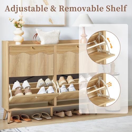 Bifins Shoe Storage Cabinet with 4 Wavy Fluted Flip Drawers, Modern 47.2” Wide Hidden Narrow Shoe Rack Cabinet for Entryway Foyer Hallway (Natural Oak 4 Drawer) - color: Natural Oak 4 Drawer
