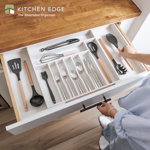 KitchenEdge Premium Silverware, Flatware and Utensil Organizer for Kitchen Drawers, Food-Safe Contract Grade, Expandable from 18 to 33 In, White Bamboo - color: White Bamboo, size: From 18" to 33" wide