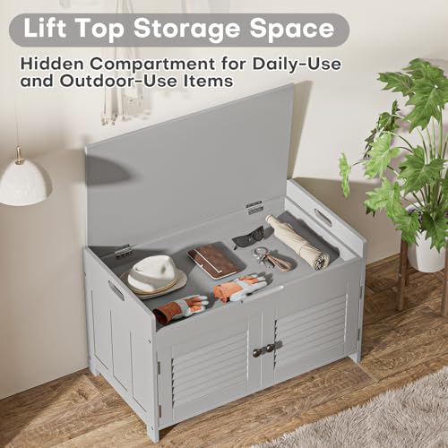 WARMHONIU Shoe Storage Bench with Lift Top Storage, Entryway Bench with Cushioned Seat, Adjustable Shelf, 2 Tier Shoe Rack with Doors for Entryway, Bedroom, Hallway, Mudroom, Grey - color: Grey, style: Lift Top Storage