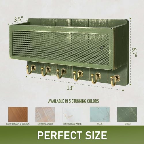 Rebee Vision Pine Wood Mail and Key Holder for Wall Decorative – Key Holder Wall Mount with Hooks and Mail Basket for Home Essentials – Wooden Farmhouse Storage Rack for Apartment (Green) - color: Green