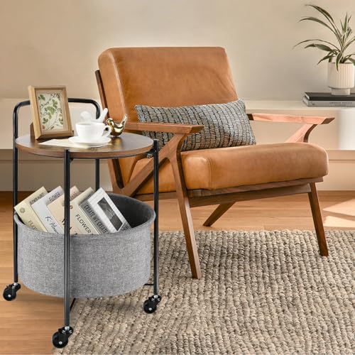 Rolling Round Metal Side Table,2-Tier Storage Side Table with Wheels,End Coffee Table with Steel Frame and Fabric Storage Basket,Cart Side Table Tray for Living Room,Bedroom,Wood Black - color: Wood Black