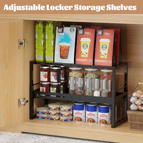 Adjustable Kitchen Countertop Organizer, 2-Tier Expandable Cabinet Counter Shelves, Heavy Duty Steel Pantry Organizers and Storage Shelf Rack Stand Riser, Adjustable Length & Height, Black