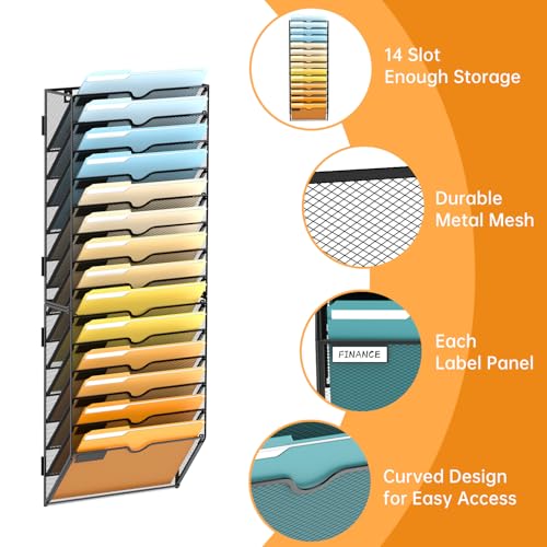 SUPEASY 14 Tier Wall File Organizer, Hanging Wall Mounted Mail Organizer with Label Slots, Metal Mesh File Holder Magazine Rack for Office, Home, School or Classroom, Black - color: Black, size: 14-Tier