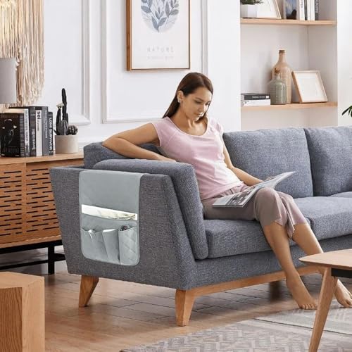 RETON Sofa Armrest Organizer with 5 Pockets, Non Slip Remote Control Caddy with 8 Pieces of Hook and Loop Fasteners, Armchair Caddy Holder Storage for Magazine Recliner Book TV Phone (Gray) - color: Gray