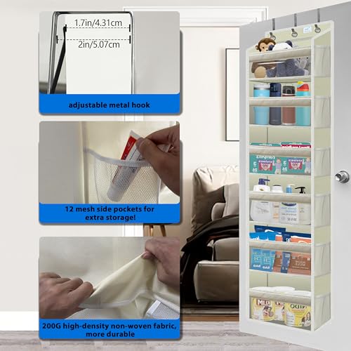 over the door organizer, Solid Bamboo Board (Not Plastic!) 6-Tier Heavy Duty 75LB, 12 Side Pockets, 3 Reinforced Hooks & Anti-Slip Pads, Waterproof & Washable, No Sagging, No Door Damage,Ivory - color: over door organizer-Ivory