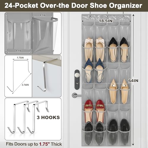 Over The Door Shoe Organizer - Space Saving Shoe Rack for Closet Door with 24 Crystal Clear Pockets and Metal Hooks, Shoe Holder Back of Door Organizers for Shoes, Gray Hanging Shoe Organizer (Gray) - color: Gray, size: 1pc