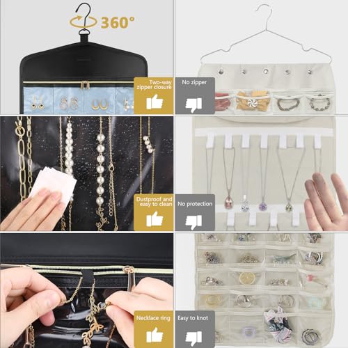 CHICECO Travel Jewelry Holder Organizer,Hanging Jewelry Organizer Storage with Zippered Pockets for Cloest,Jewelry Holder for Earrings, Necklaces (Blue Black) - color: Blue Black