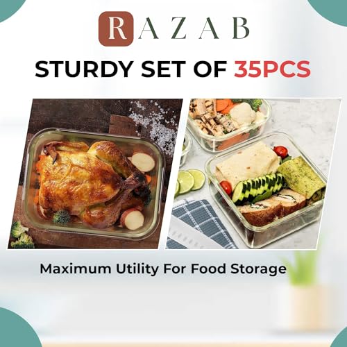 Razab 35 Pc Set Glass Food Storage Containers with Lids - Meal Prep Airtight Bento Boxes BPA-Free 100% Leak Proof (15 lids,15 glass & 5 Plastic Sauce/Dip Containers) - color: Blue