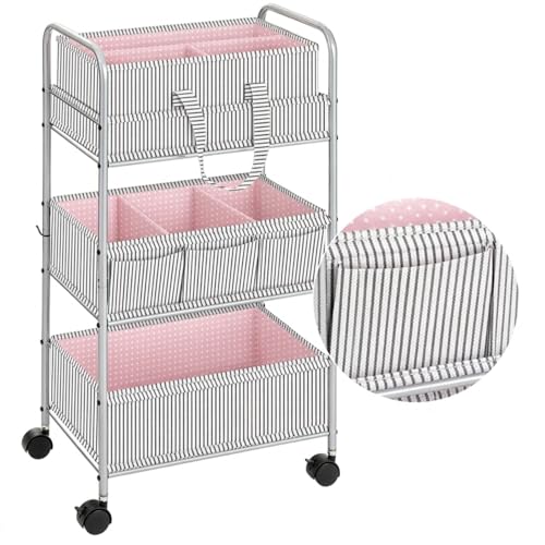 WILLBOND 2 in 1 Baby Diaper Caddy Organizer Cart, 3 Tier Large Stripe Bedside Rolling Cart Metal for Baby Essential with Divider for Newborn Registry Must Have Nursery Bedroom Mother Gift(Pink) - color: Pink