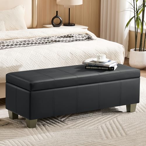 WUTUTUEE 51" Faux Leather Storage Ottoman, Stitch Tufted Rectangle Upholstered End of Bed Storage Bench, Entryway Large Couch Ottoman with Wooden Legs, Dark Black - color: Dark Black, size: 51 Inch