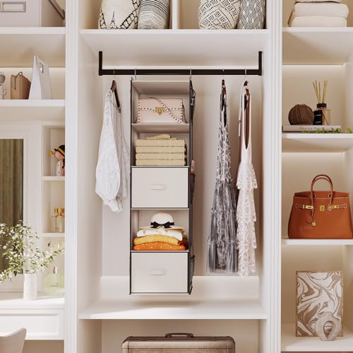 YOUDENOVA Hanging Closet Organizer, 5 Tier Hanging Closet Shelves with 6 Side Pockets and 2 Drawers, Beige - color: Beige