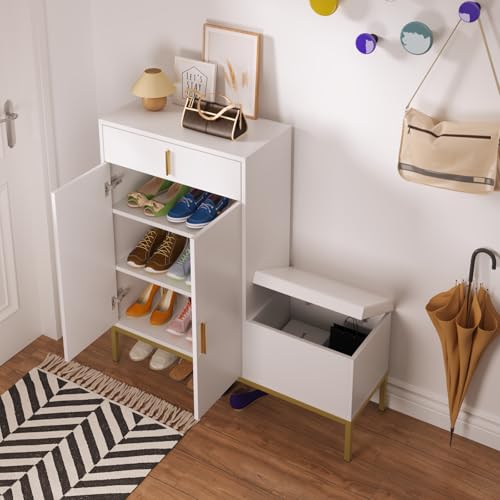 HedoAjim L-Shaped Shoe Storage Cabinet with Bench, Entryway Shoe Cabinet with Drawer, Modern Freestanding Shoes Organizer Cabinet for Entryway Hallway Front Door, White