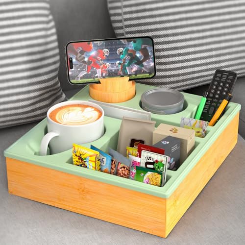 Couch Cup Holder Tray - Couch Organizer Caddy, Silicone Beach Caddy with Cup Holder, Sofa and Bed Drink Holder and Couch Tray Table for Snacks Beverage Remote (Green) - color: Green
