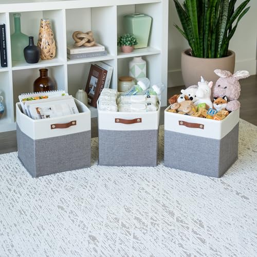 OrganiHaus 12" x 12" x 12" Fabric Cube Storage Bins - Set of 4, Cube Fabric Organizer Bins with Vegan Handles, Kallax Storage Cubes, 12Inch Cubic Baskets for Shelves - Grey / White - color: Gray Base / Off-White, size: (12x12) Leather Handles