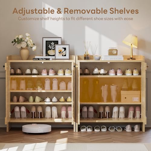 LIKIMIO Shoe Cabinet with Adjustable Shelves, 4-Tier Shoe Storage Cabinet with Slatted Doors, Freestanding Wooden Shoe Cabinet Storage for Entryway, Hallway, Living Room, Oak Natural - color: Oak Natural