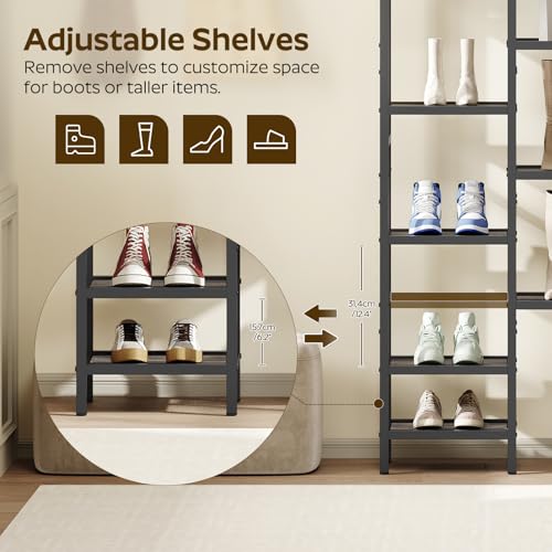 YATINEY 12-Tier Tall Shoe Rack, Vertical Shoe Organizer for Small Spaces, Wooden Shoe Shelf for Entryway, Space Saving Shoe Storage, Holds 12 Pairs of Shoes, Charcoal Gray and Black SS52BC - color: Charcoal + Black, size: 11" x 11" x 85.8"