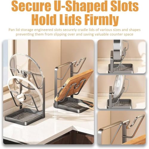 GDSAFS Kitchen Pot Lid Storage Rack, Pot Lid Holder With Tray, Lid Holder While Cooking, Lid And Spoon Rest, Multifunctional Kitchen Organizer Stand for Stove Top (Gray, Double-layer) - color: Gray, size: Double-layer