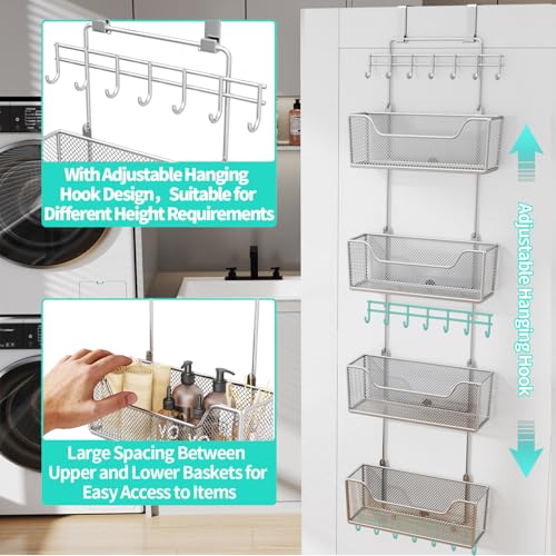 HapiRm Over The Door Organizer - Hanging Door Organizer with 4 Metal Large Capacity Baskets and Adjustable Coat Hook for Bathroom Bedroom Kitchen Pantry Closet Cabinet - color: Brushed Nickel