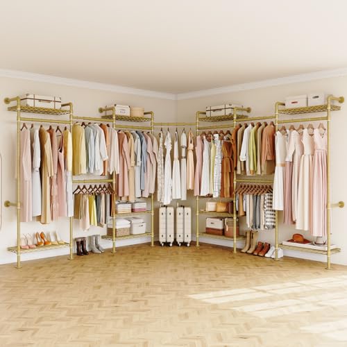 ONBRILL L7 Wall Mounted Industrial Pipe Clothing Rack – Heavy Duty Modular Closet System with 9 Hanging Rods ( 6 Expandable) & 10 Adjustable Shelves, Corner Garment Rack, Large Wardrobe - Gold - color: Gold