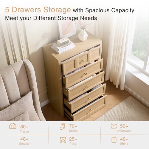 5 Drawers Dresser for Bedroom, 45.7" Tall Large Dresser & Chests of Drawers with Metal Handle, Clothes Storage Organizer w/Natural Texture for Bedroom, Living Room,Natural - color: Natural Oak, size: 15.6"D x 29.5"W x 45.7"H (5 Drawers)