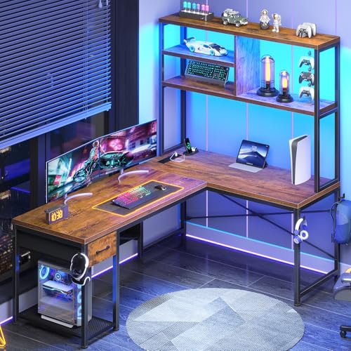 SEDETA L Shaped Gaming Desk, 51.2" Reversible Small Corner Desk with Drawer, Power Outlet & LED Lights, Computer Desk with Storage Shelves for Small Space, Rustic Brown - color: Rustic Brown