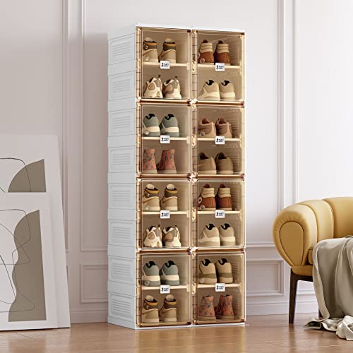 ANTBOX Shoe Organizer Storage Box, Portable Folding Shoe Rack For Closet With Magnetic Clear Door,Large Sneaker Cabinet Bins Sturdy Easy Assembly 8 Layers-16 Grids - size: 8 Layers-16 Grids