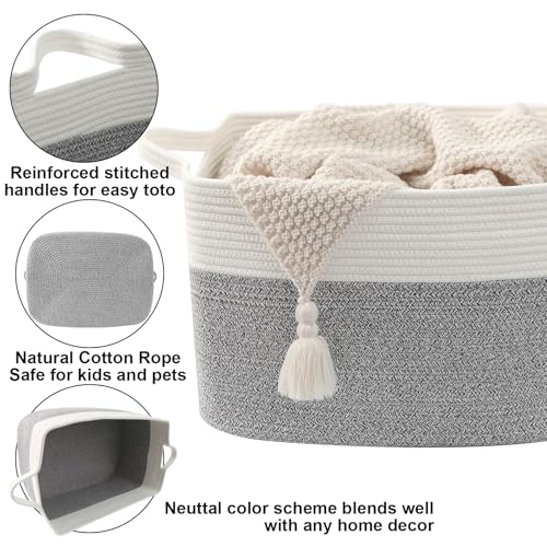 96L Large Blanket Basket,24"x16"x15"Rectangle Storage Bin with Handles,Woven Rope Laundry Basket for Toys, Clothes,Magazines,Home Organization,Nursery,Living Room & Bedroom,White&Grey - color: White & Grey, size: 24"x16"x15"(96L)