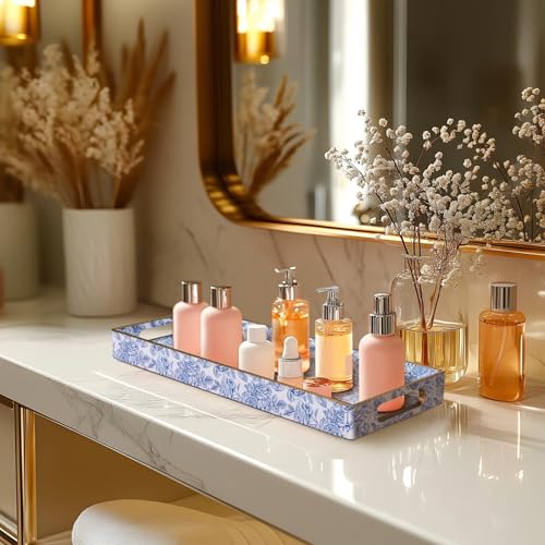 MAONAME Plastic Vanity Tray, Narrow Bathroom Counter Tray, Blue Decorative Trays with Handles, Storage Dresser Trays Organizer for Toilet Tank, Jewelry, Makeup, 13.8" x 6" x 1.57" - color: Bohemian-9