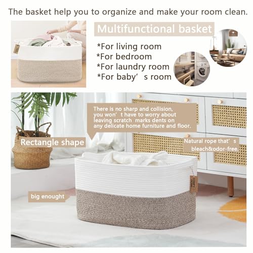COMFY-HOMI Large Laundry for Organizing|Rectangle Cotton Rope Storage with Handles|Blanket for Living Room|Woven Laundry for Towels, Toys, Clothes-22x15x12”-White/Brown - color: White/Brown, size: 22''x15''x12''