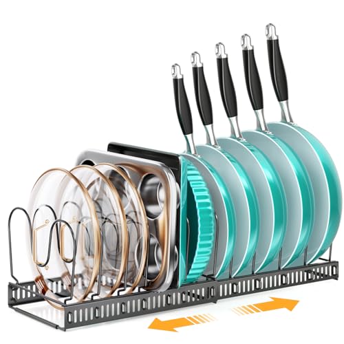 MUDEELA Expandable Pots and Pans Organizer Rack under Cabinet, Pots Lid Organizer Rack for Kitchen Cabinet Organizers and Storage with 12 Adjustable Dividers Cutting Board Holder & Anti-Scratch Strips - style: 12 Dividers-Black