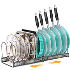 MUDEELA Expandable Pots and Pans Organizer Rack under Cabinet, Pots Lid Organizer Rack for Kitchen Cabinet Organizers and Storage with 12 Adjustable Dividers Cutting Board Holder & Anti-Scratch Strips - style: 12 Dividers-Black