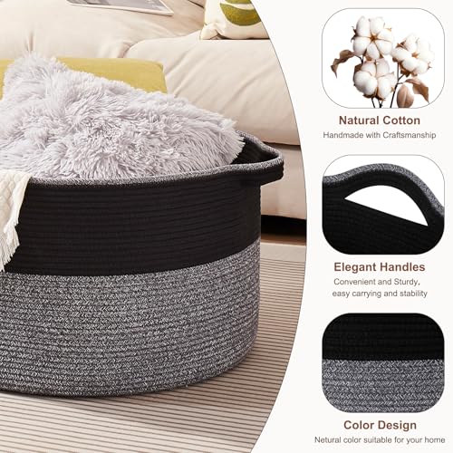 OIASKET Large Blanket Basket with Handles, 22.8" x 22.8" x 13" Woven Storage Basket for Living Room, Cotton Rope Baby Toy Storage for Clothes, Pillows, Towels-Black and Grey - color: Black & Grey, size: 90L