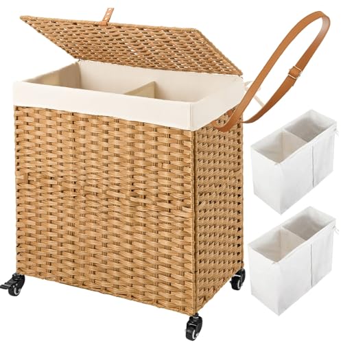 Greenstell Laundry Hamper with Wheels, No Install Needed, 110L Divided Handwoven Hampers & 2 Removable Liner Bags, Synthetic Rattan Clothes Laundry Basket with Lid & Handles, Foldable Hampers Natural - color: Natural, size: 110L: 22.0x13.5x26.4 Inches