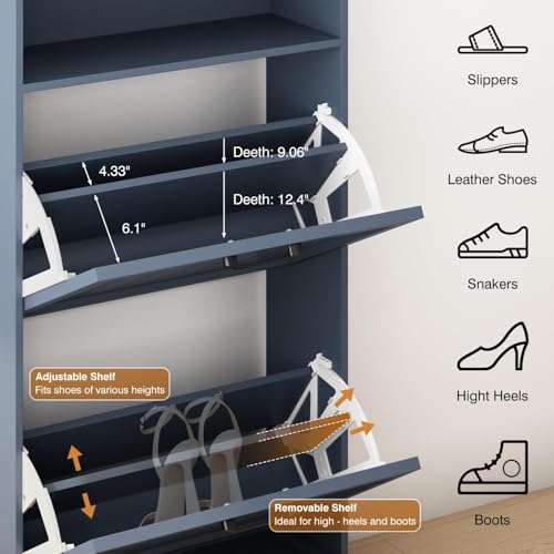 Shoe Storage Cabinet with 2 Flip Drawers, 24" W Farmhouse Modern Hidden Shoes Rack with Adjustable Shelves & Open Storage, Narrow Slim Shoe Organizer for Front Door Entrance, Entryway, Navy Blue - color: Navy Blue, size: 2-Drawers