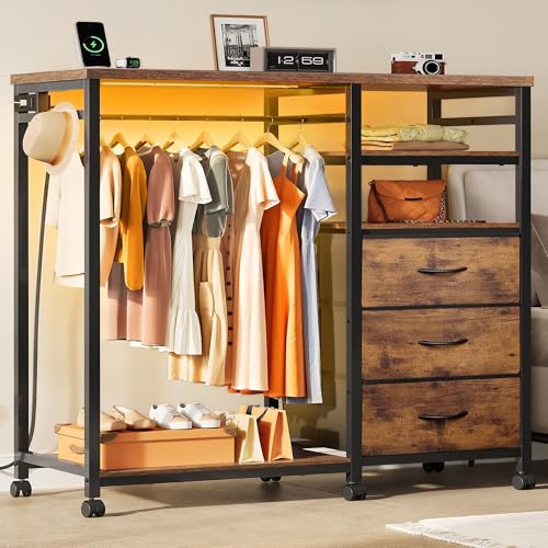 WLIVE Dresser with Hanging Rack for Bedroom, 3 Drawer Dresser with LED Lights & Charging Station, Fabric Dressers & Chest of Drawers, Storage Organizer with Open Shelves for Living Room, Brown - color: Rustic Brown Wood Grain Print