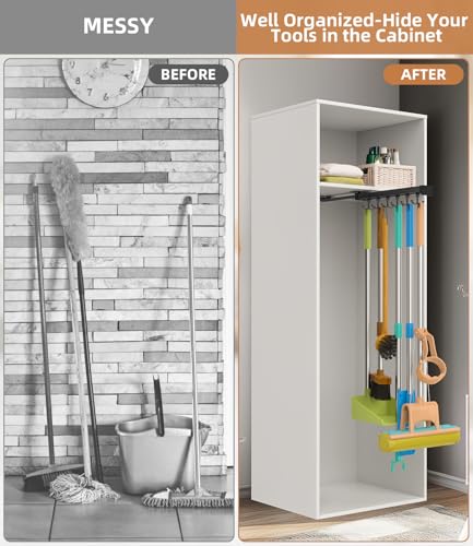Pull Out Broom Holder With Adjustable Double Row Sliding Hook, Multifunctional Slide Broom And Mop Storage/Organizer Garage Organization Hooks, for Closet Laundry Garage - 36cm/14.17in - color: Black, size: 14.17 inches
