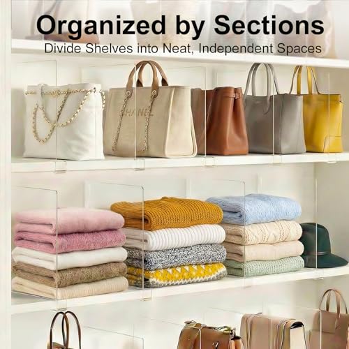 Purse Organizer for Closet Shelf Dividers: 11-inch Tall (Higher Version) Adjustable Clear Acrylic Bag Storage Organizer for Handbags, Sweaters, Towels, Jeans and Shoes on Wood Shelves 8-Pack - color: Clear:8-pack, size: Extra Tall: 11" Tall x 12" Deep