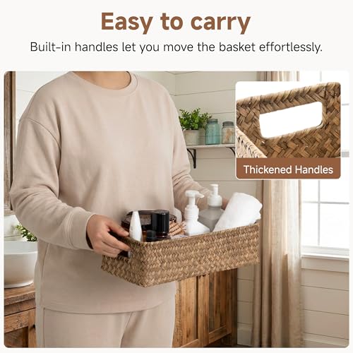 StorageWorks Wicker Toilet Paper Basket for Back of Toilet Baskets, Seagrass Bathroom Basket Organizer and Storage for Tank Topper, Small Tank Trays for Decor with Built-in Handles, Brown - color: Brown (Seagrass)