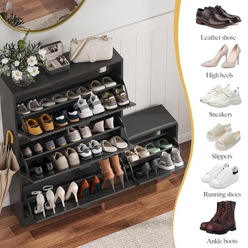 HUANLEGO Shoe Cabinet Storage for Entryway with 4 Flip Drawers, Black Fluted Shoe Cabinet with Bench, Wooden Hidden Shoe Rack Freestanding Narrow Slim Shoes Storage Organizer for Hallway, Entrance - color: Black, size: 4 Drawer with Bench