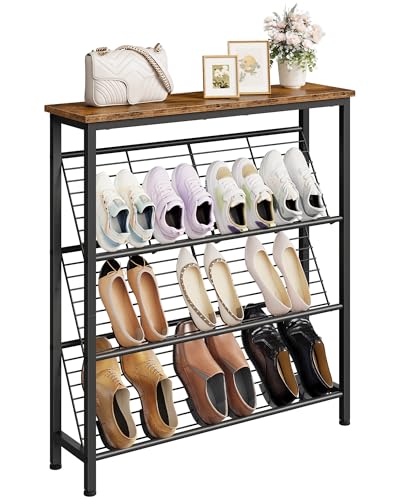 CHOEZON Shoe Rack, 4-Tier Narrow Shoe Storage Shelf, Slim Shoe Rack with Wooden Top and Metal Shelves, Slanted Shoe Organizer, Industrial Style, for Entryway, Hallway, Rustic Brown and Black TXJ76BF