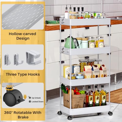 SPACEKEEPER Storage Cart, 4-Tier Mobile Shelving Unit, Bathroom Rolling Cart Utility Storage Organizer Shelf for Kitchen Living Room Bathroom Laundry Room & Dressers, Gray - color: Grey, size: 4 Tier
