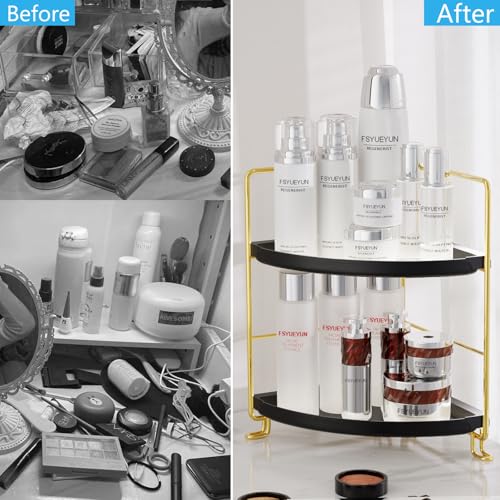 FSyueyun 2-Tier Corner Bathroom Counter Organizer, Tool-Less Installation Vanity Shelf Small Plastics Countertop Makeup Tray Skincare Perfume Organizers (Gold & Black) - color: Gold & Black