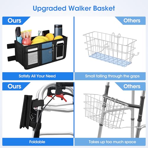 Dotday Upgraded Walker Basket with Cup Holder, Foldable Walker Bag with Large Capacity & Never Tipping Over- Not Fit for Rollator - color: Black