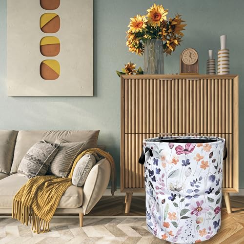 Watercolor Floral Laundry Basket Foldable With Handles Tote Bag Oxford Cloth Cute Flowers Laundry Hamper Clothes Storage Bucket Toy Organizer 18.9" x 16.5" For Bathroom/Laundry/Bedroom - color: Watercolor Floral Bright Flowers