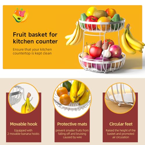 Sevenblue 2 Tier Fruit Basket for Kitchen Counter with 2 Banana Hangers, 2026 Pro Detachable Metal Fruit Bowl with Wooden Handle,Fruit Holder for Bread Snack Veggies, Silvery Extra Large - color: Silver, size: 2 Tier Extra Large