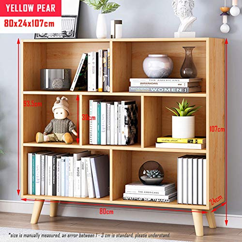 IOTXY Wooden Open Shelf Bookcase - 3-Tier Floor Standing Display Cabinet Rack with Legs, 7 Cubes Bookshelf, Pear Yellow - color: Pear Yellow, size: 80CM