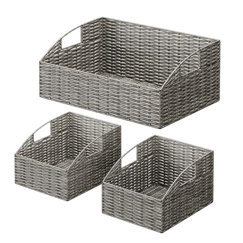 Ollieroo Rattan Storage Baskets, Handwoven Wicker Storage Bins with Built-in Handles, Storage Container Baskets for Shelves, Bedroom, Bathroom, Laundry Room or Kitchen(Grey) - color: Grey