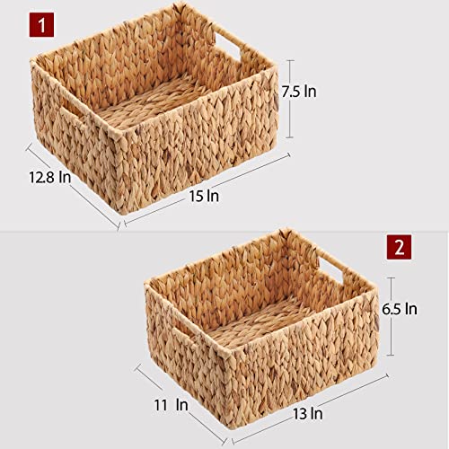 HOONEX Water Hyacinth Storage Baskets, Wicker Baskets for Organizing, Hand Woven Baskets with Carry Handles, Set of 2, Natural - color: Natural (Water Hyacinth), size: 15 x 12.8 x 7.5 inches