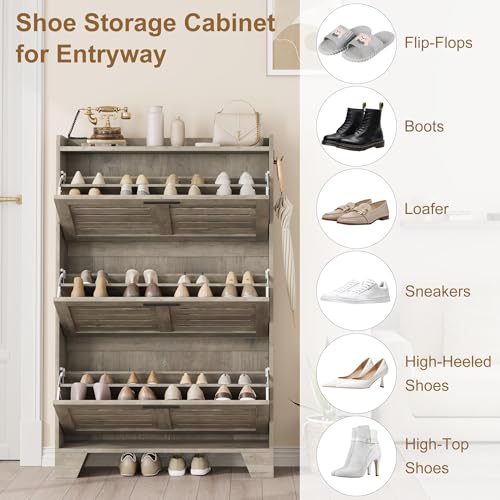 IDEALHOSUE Shoe Cabinet Storage for Entryway, Slim Shoe Storage Cabinet with 3 Flip Drawers, Freestanding Hidden Narrow Shoe Organizer Cabinet with Hooks for Entrance, Foyer, Hallway, Gray - color: Grey, size: 3-Drawers